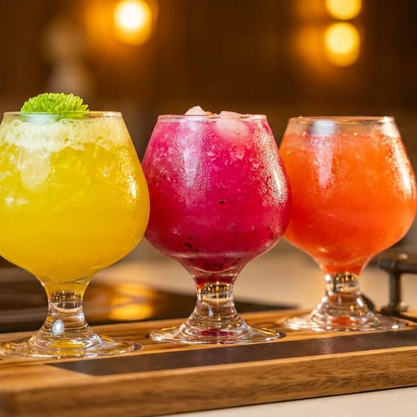 Three colorful cocktails in stemmed glasses sit on a wooden serving tray in a warmly lit restaurant.