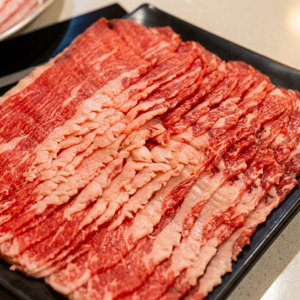 Thinly sliced marbled raw beef arranged on a black rectangular platter at a restaurant table.
