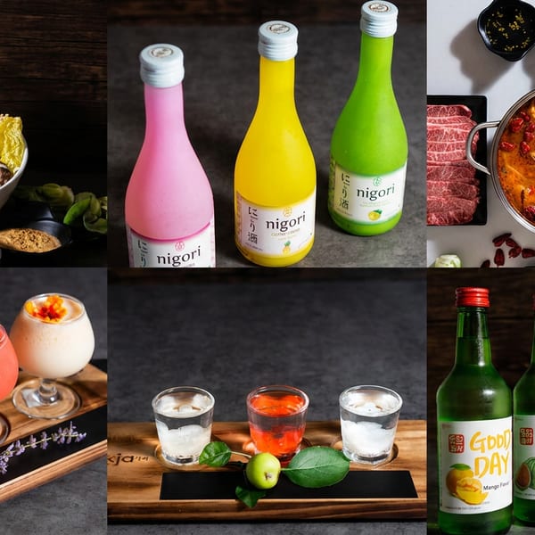 Collage showcasing hot pot ingredients, colorful nigori bottles, divided hot pot, cocktails, tasting glasses, and fruit-flavored beer bottles.