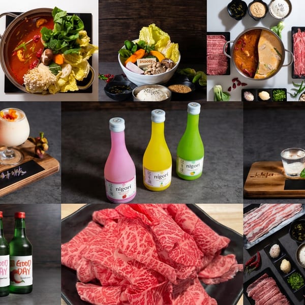 Restaurant collage showcasing divided hot pots, fresh ingredients, marbled beef, colorful drinks, bottled beverages, and tabletop dining arrangements.