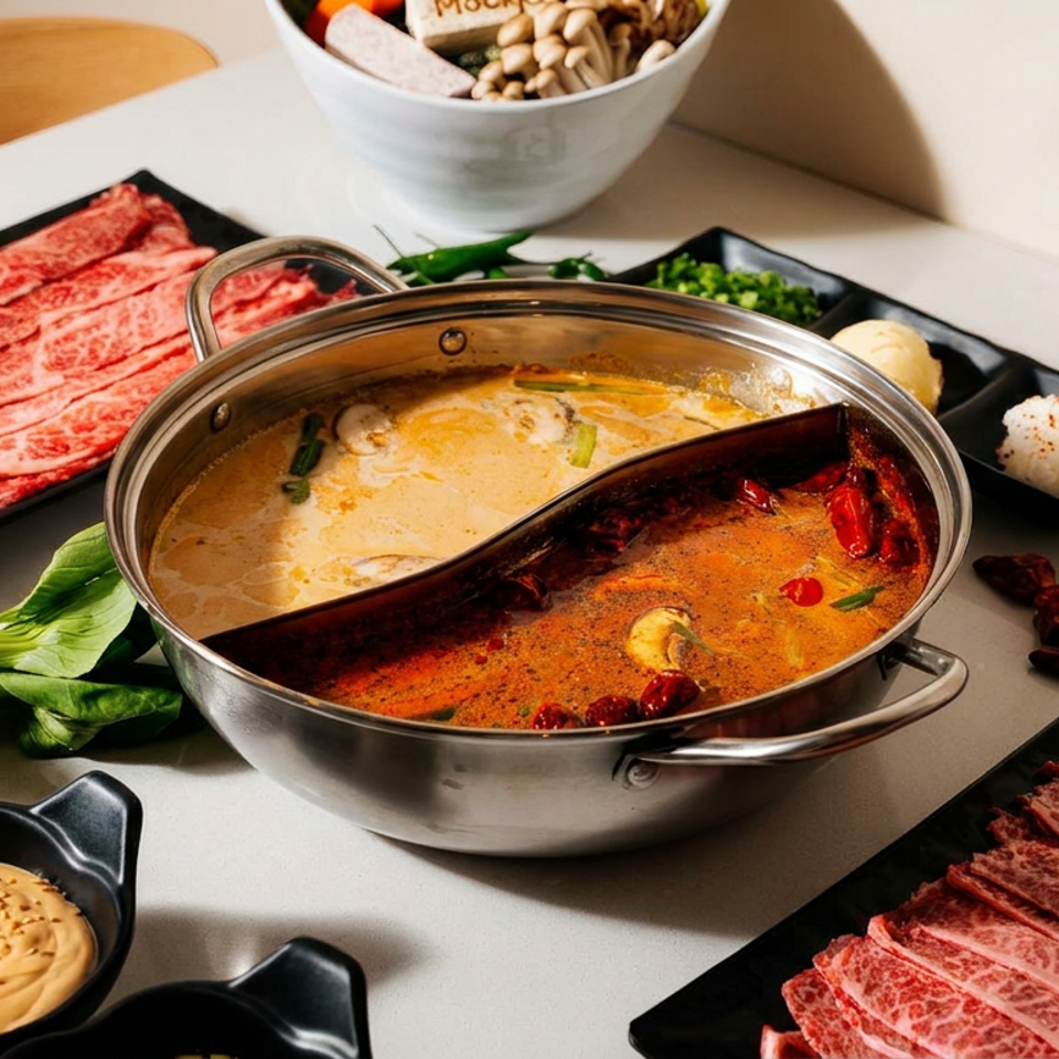 Split hot pot with spicy and creamy broths surrounded by marbled beef, vegetables, rice, dipping sauce, and mushrooms.