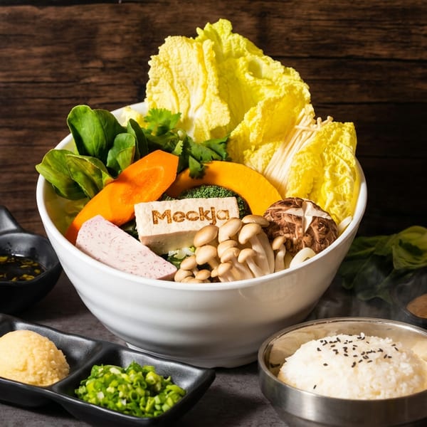 Japanese hot pot ingredients, sauces, condiments, and steamed rice arranged around a bowl labeled Medkya on a rustic wooden table.