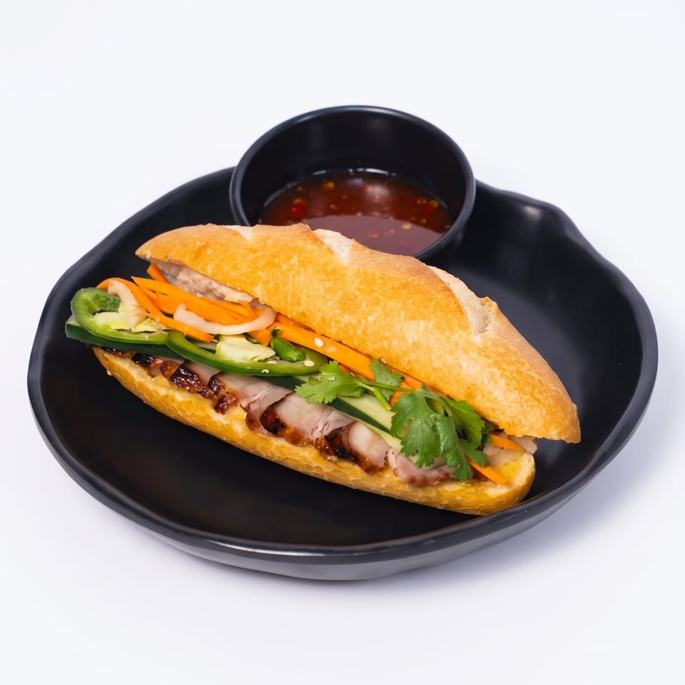 Char Siu Pork bánh mì with fresh vegetables