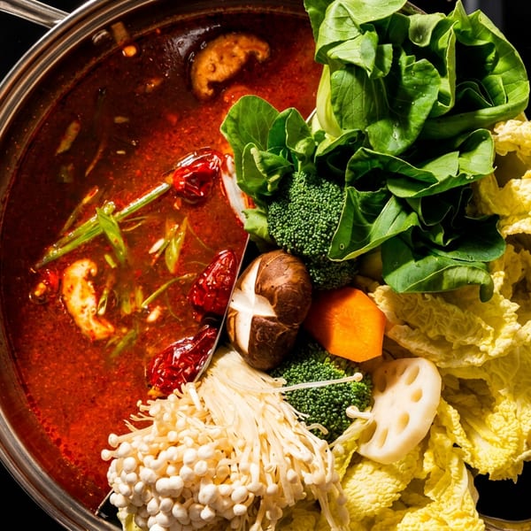 Overhead view of a steaming red broth hot pot surrounded by leafy greens, broccoli, mushrooms, carrots, lotus root, and cabbage.