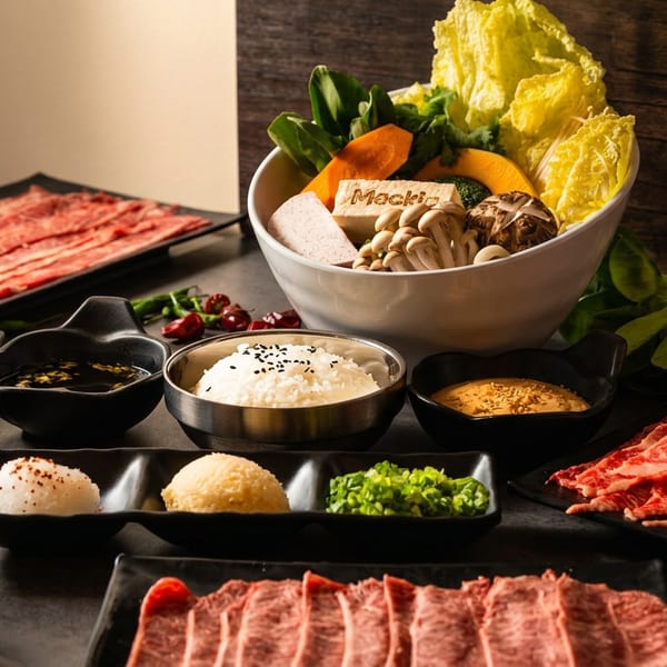 Japanese barbecue spread with sliced raw meats, rice, dipping sauces, vegetables, mushrooms, and lettuce on a dark table.