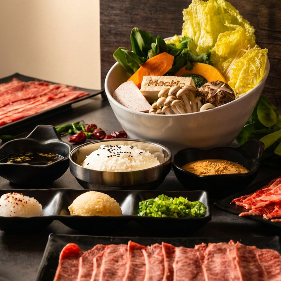 Japanese barbecue spread with marbled raw beef, pork, rice, dipping sauces, vegetables, mushrooms, and lettuce on black plates.